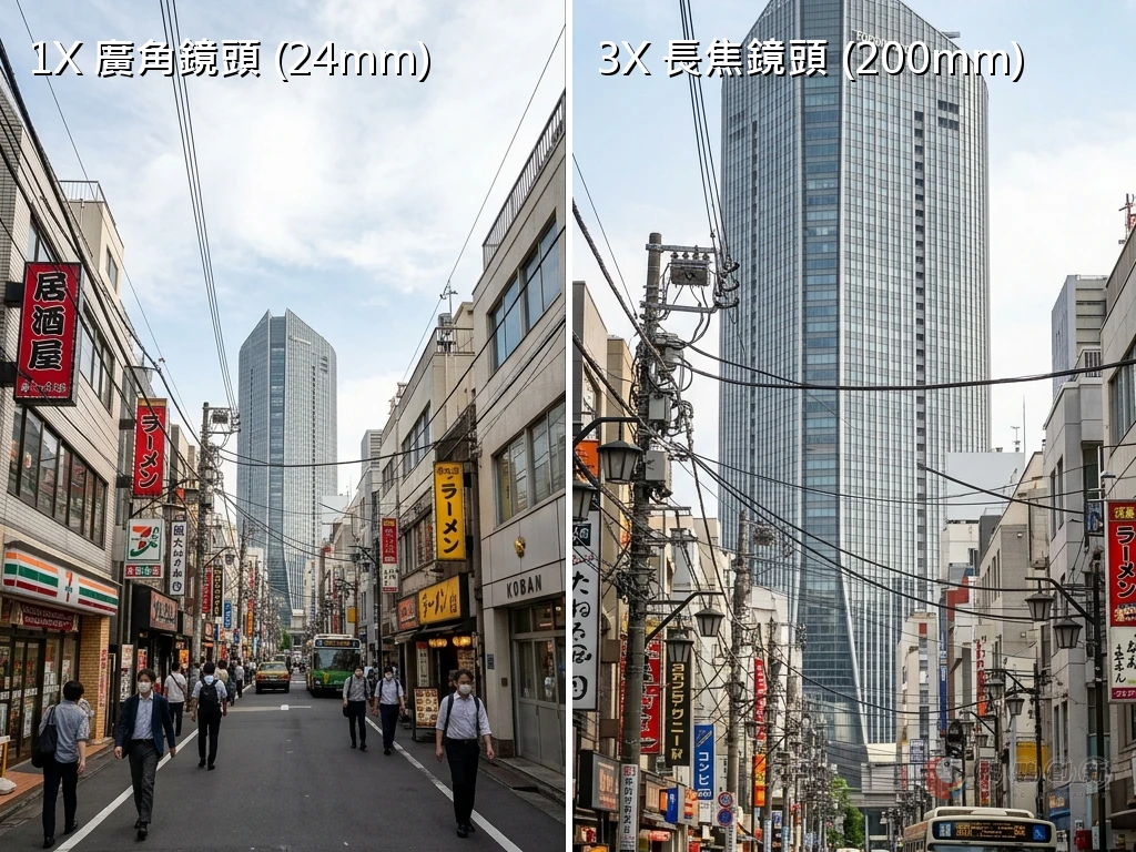 攝影與構圖技巧, 長焦鏡頭壓縮感, 廣角長焦同場景對比