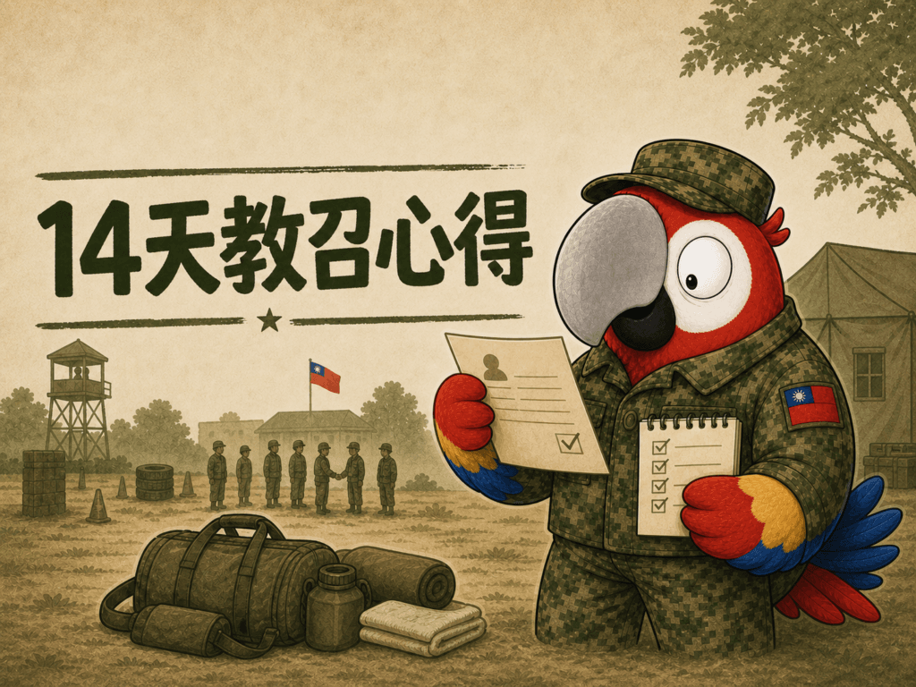 14天教召心得封面｜穿數位迷彩的鸚鵡哥與教召必帶清單