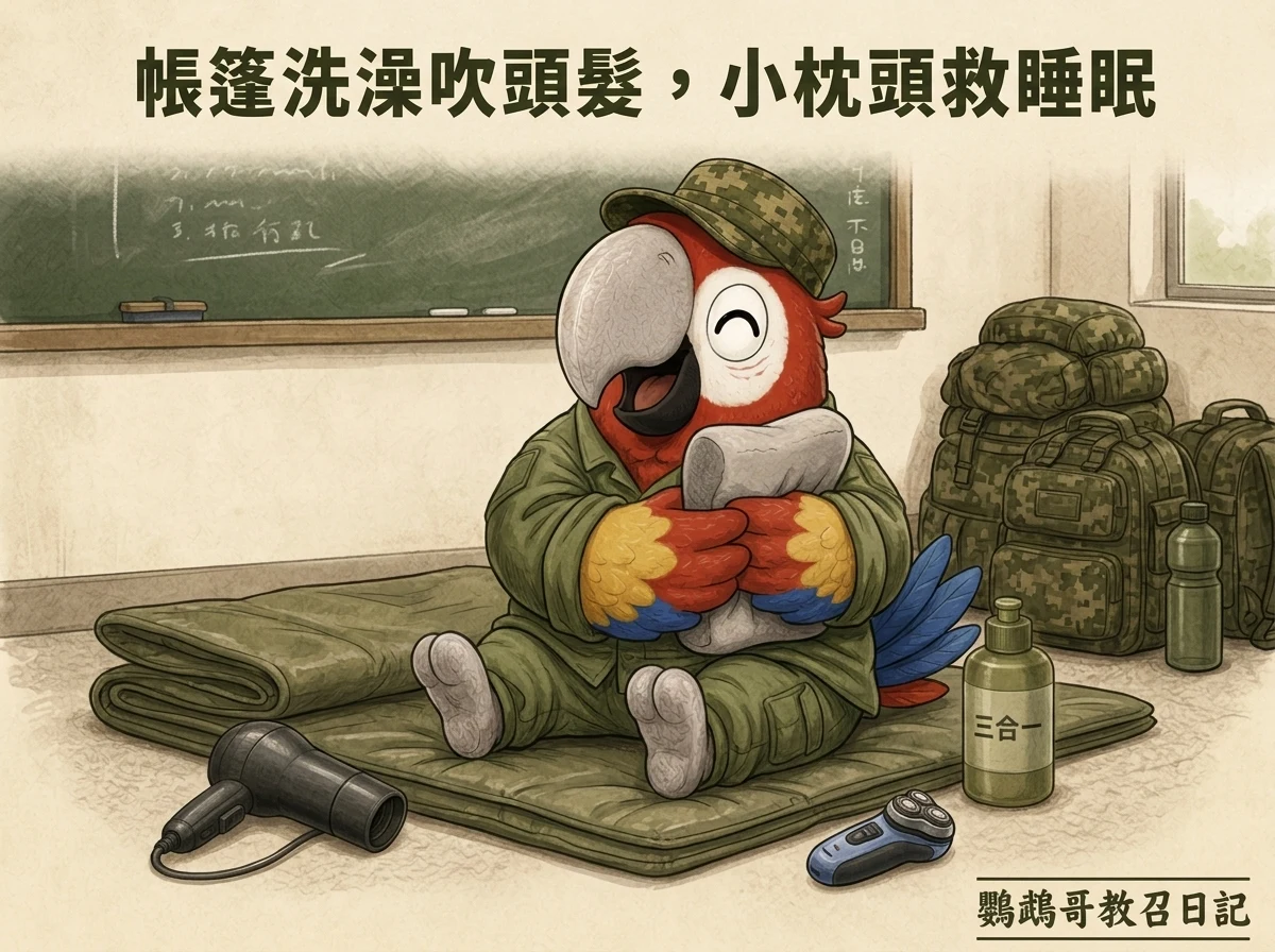 14天教召帳篷洗澡吹頭髮與小枕頭睡眠好物 - 鸚鵡哥教召日記